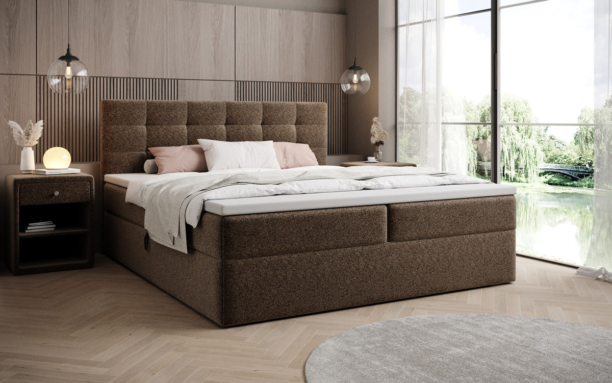 Lit boxspring Lux en tissu texturé avec espace de rangement