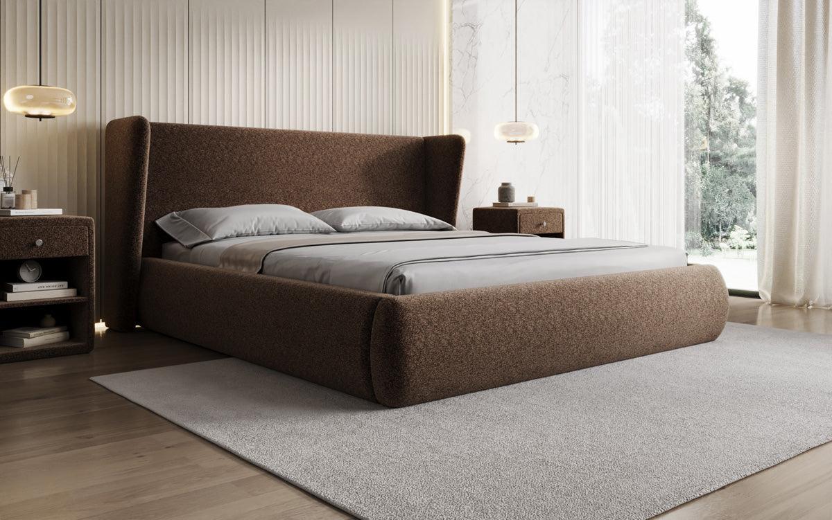 Designer gestoffeerd bed Rosalie in structuurstof met opbergruimte