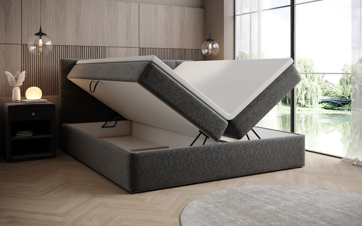 Lit boxspring Lux en tissu texturé avec espace de rangement
