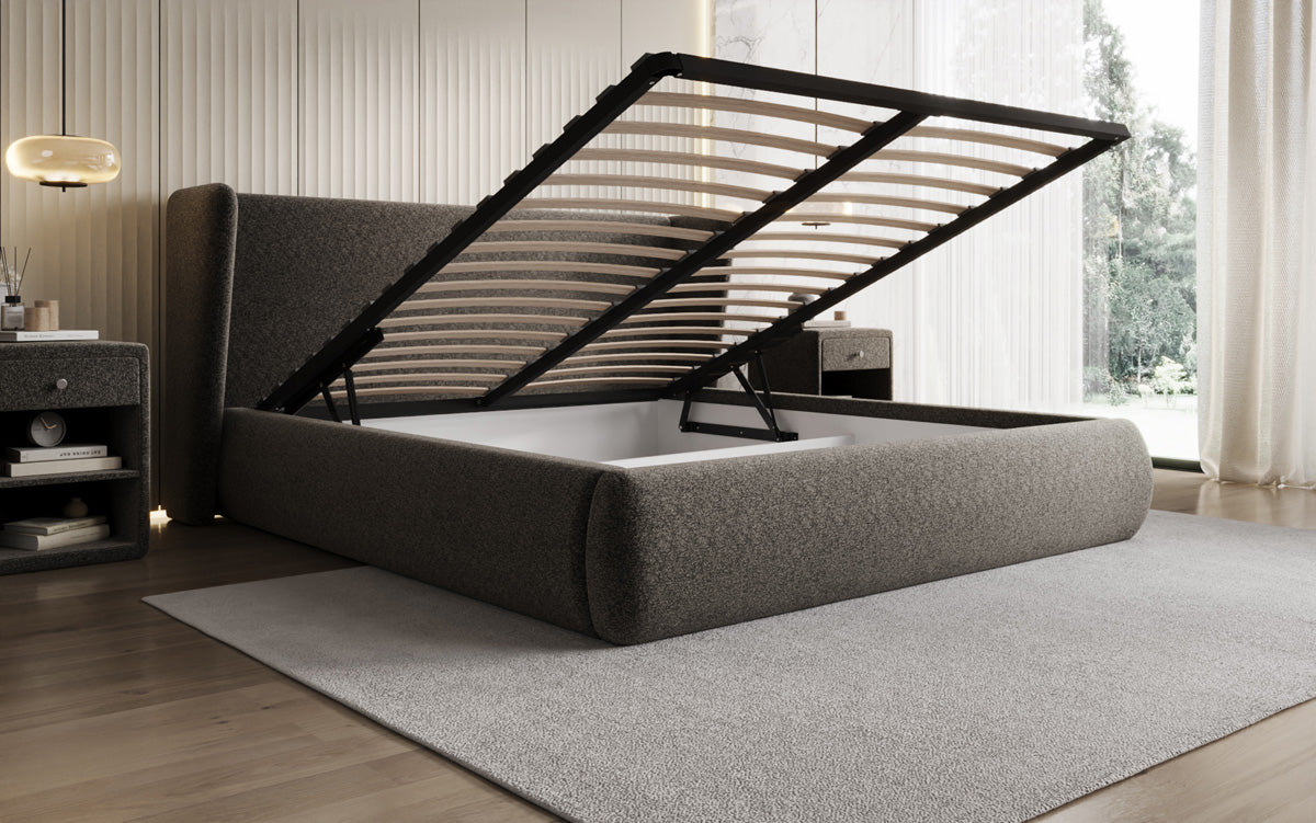 Designer gestoffeerd bed Rosalie in structuurstof met opbergruimte
