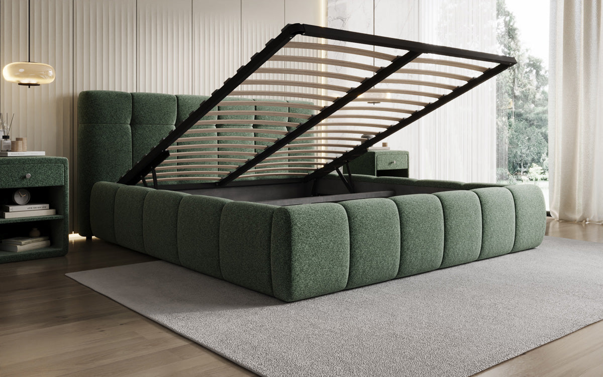 Design gestoffeerd bed Helena in structuurstof met opbergruimte