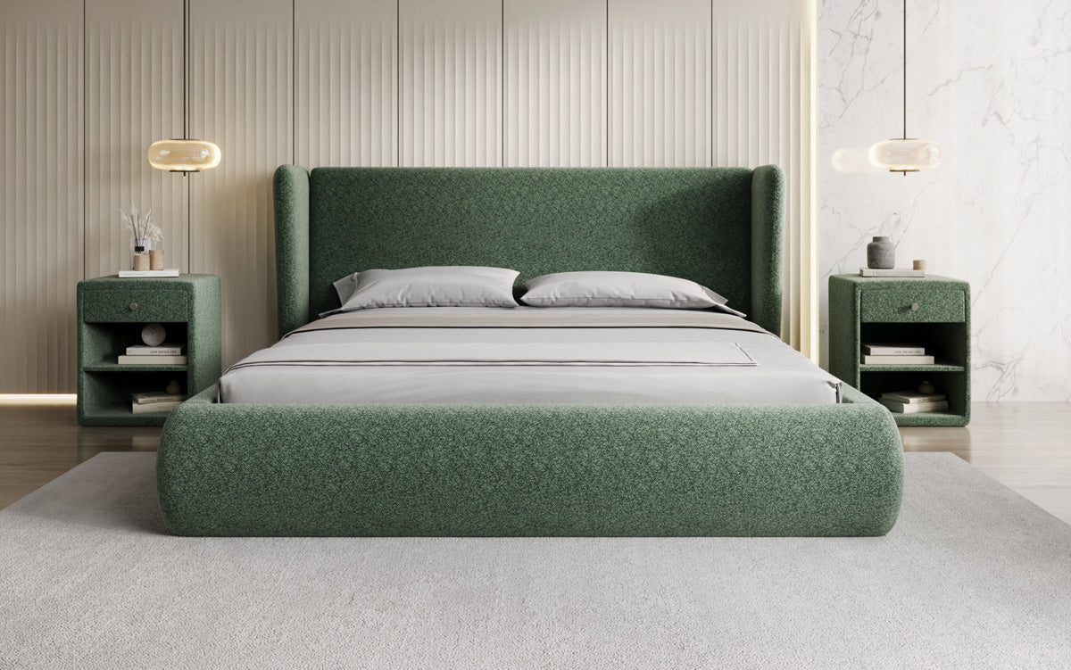 Designer gestoffeerd bed Rosalie in structuurstof met opbergruimte