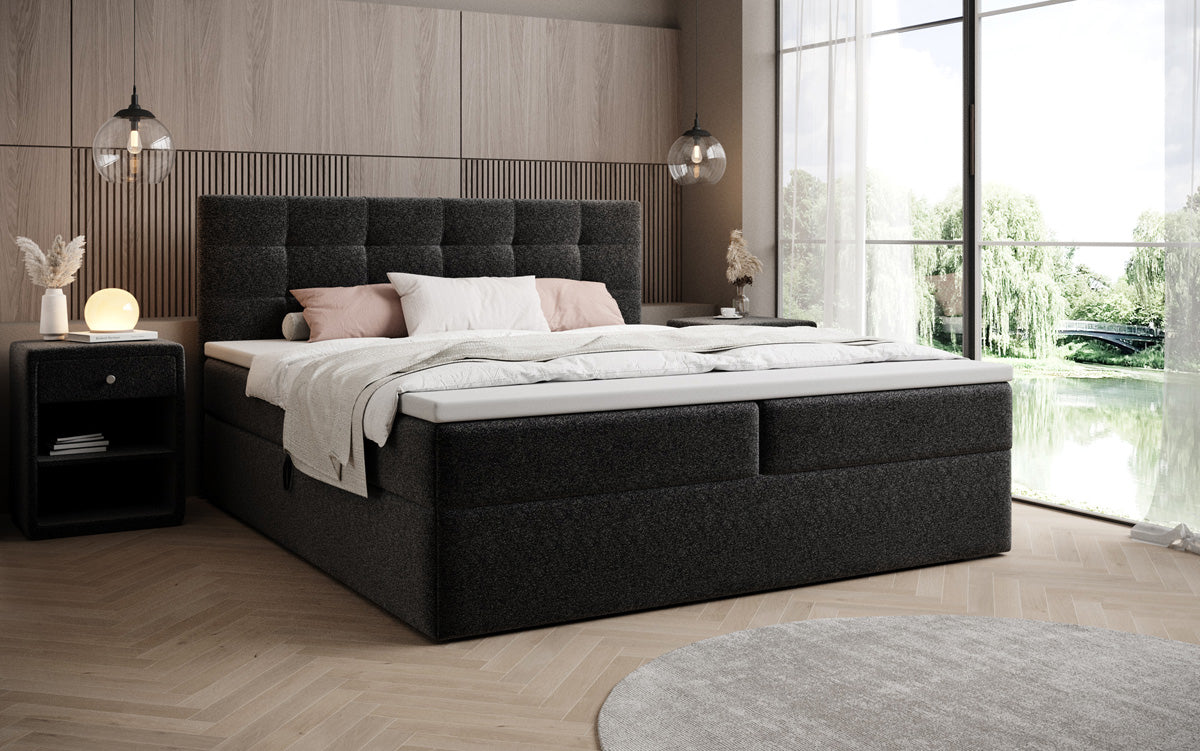 Lit boxspring Lux en tissu texturé avec espace de rangement