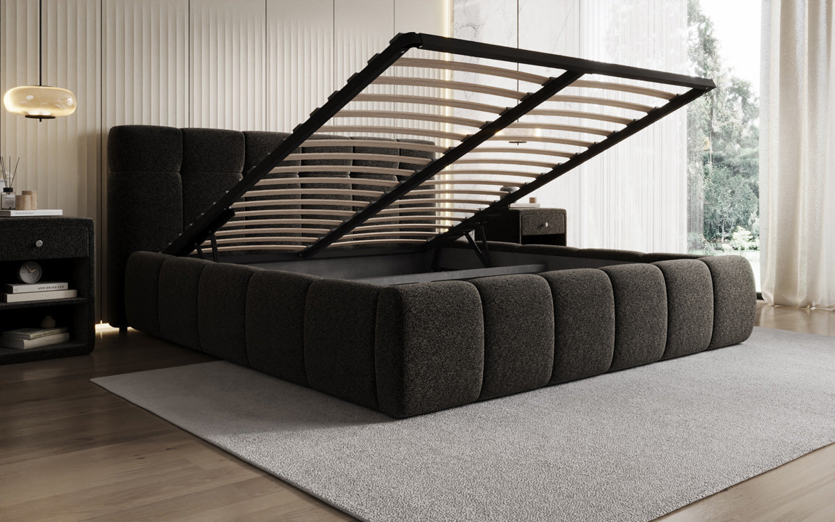 Design gestoffeerd bed Helena in structuurstof met opbergruimte