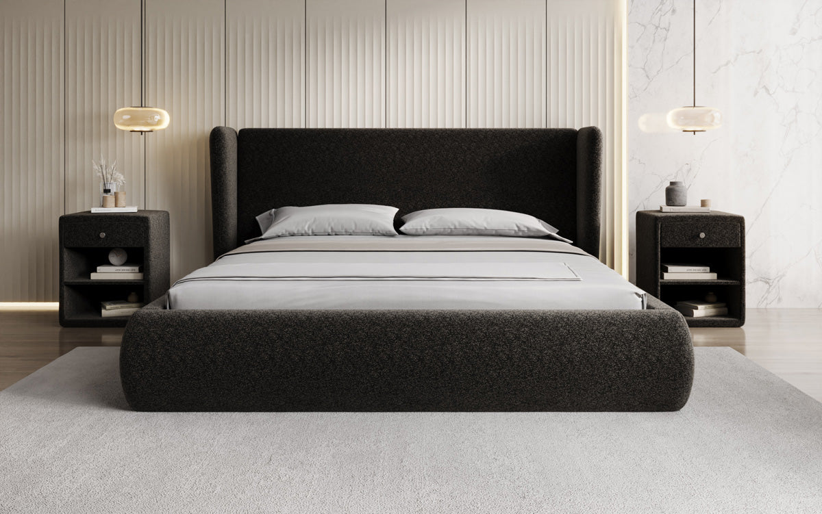 Designer gestoffeerd bed Rosalie in structuurstof met opbergruimte