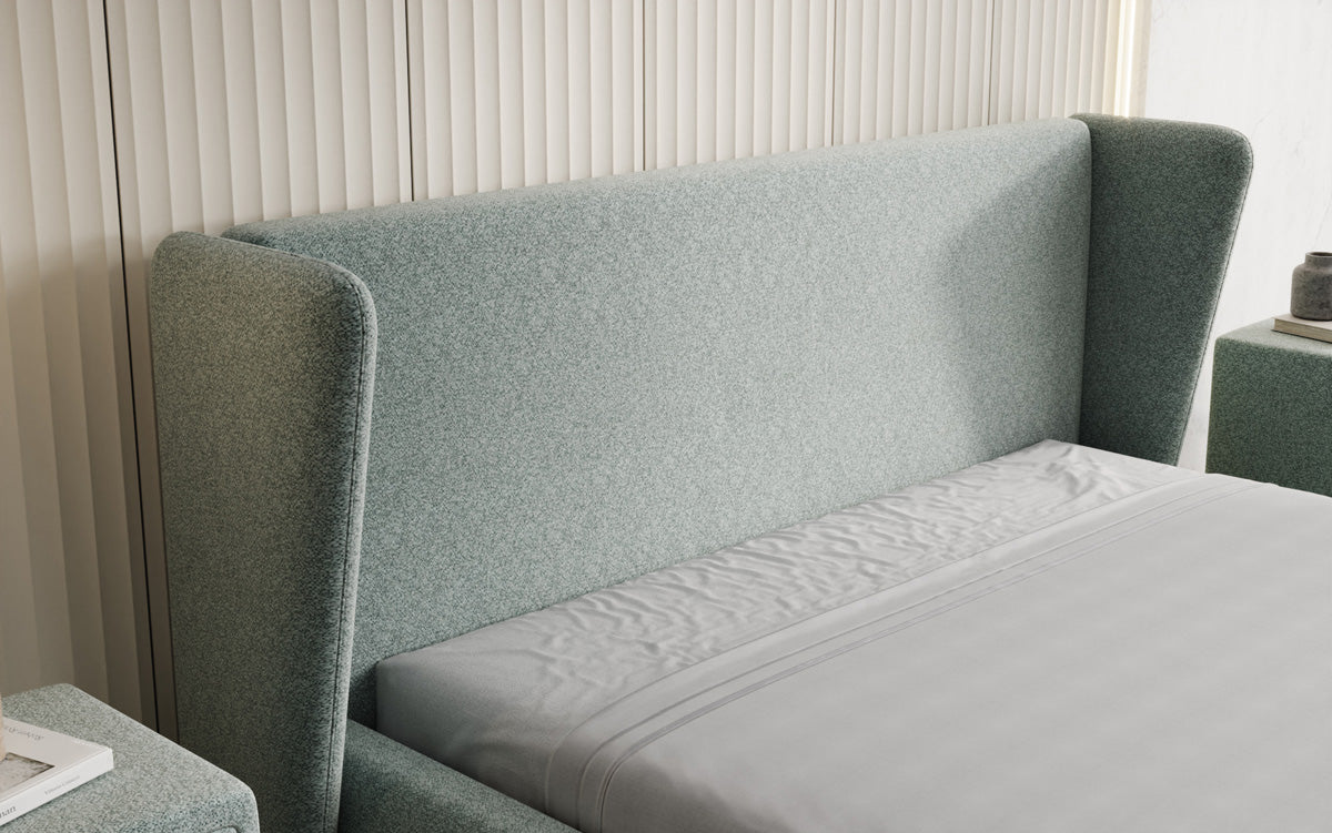 Designer gestoffeerd bed Rosalie in structuurstof met opbergruimte