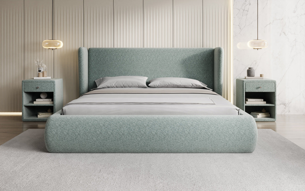 Designer gestoffeerd bed Rosalie in structuurstof met opbergruimte