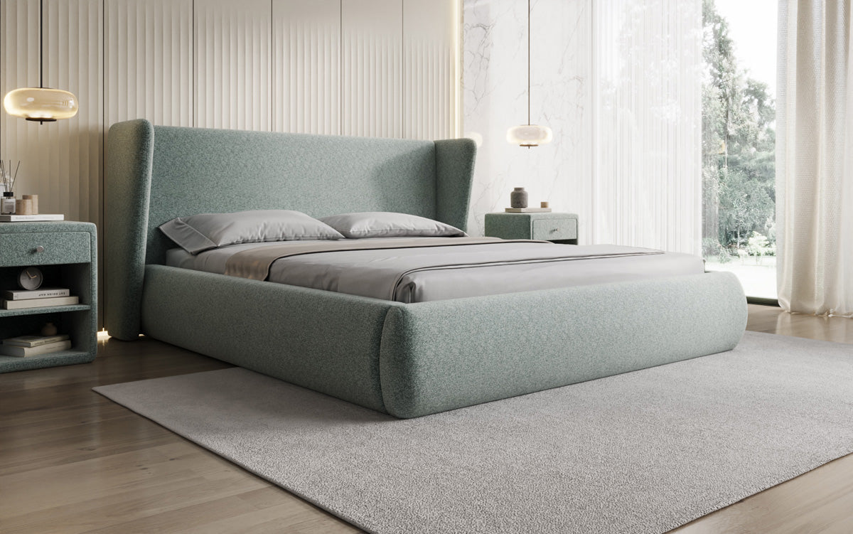 Designer gestoffeerd bed Rosalie in structuurstof met opbergruimte