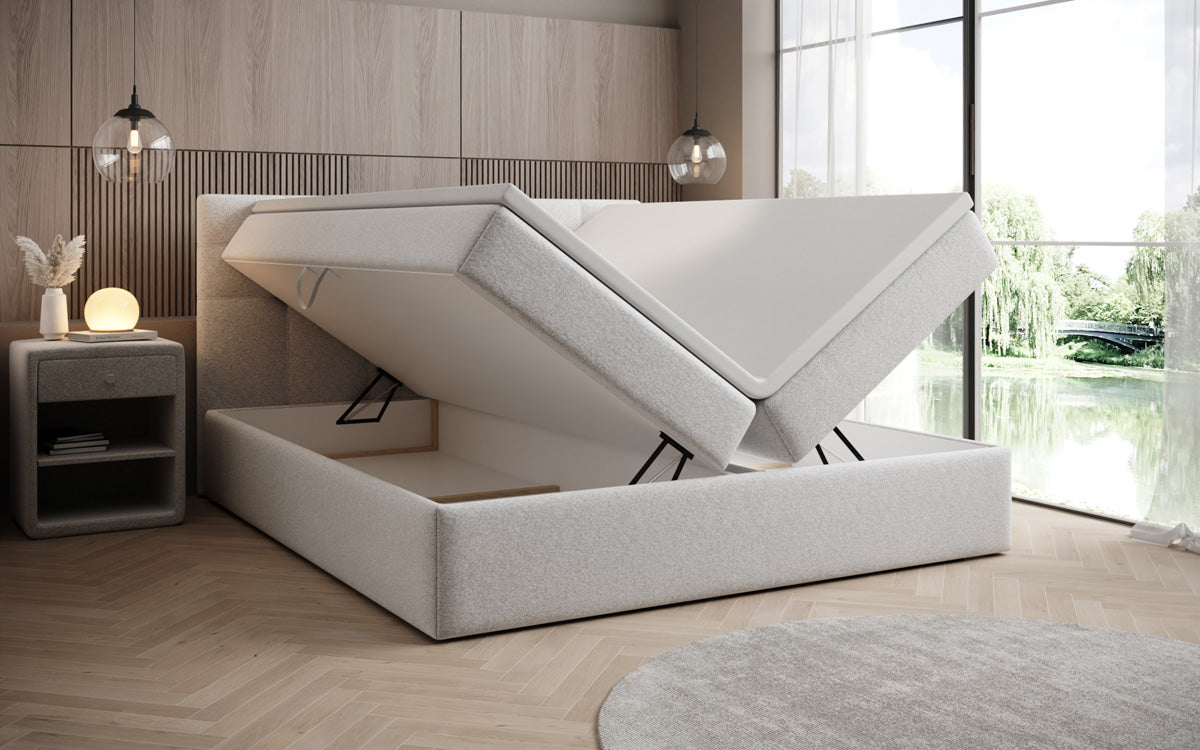 Lit boxspring Lux en tissu texturé avec espace de rangement