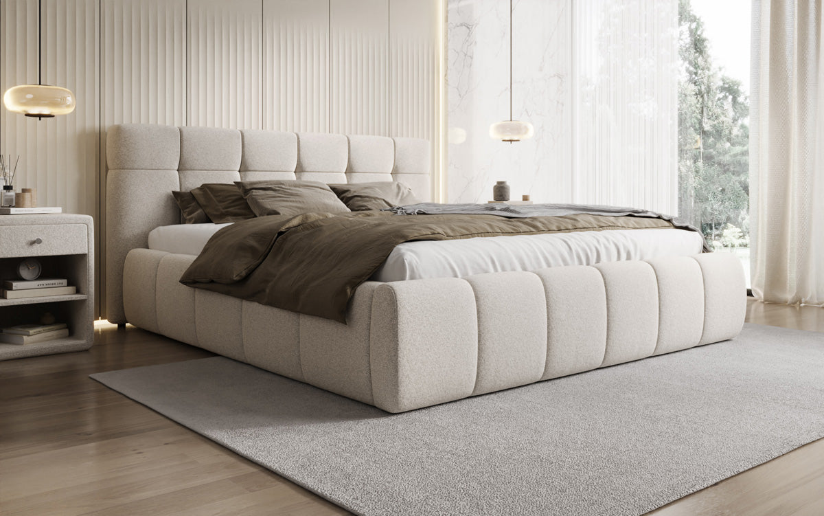Design gestoffeerd bed Helena in structuurstof met opbergruimte