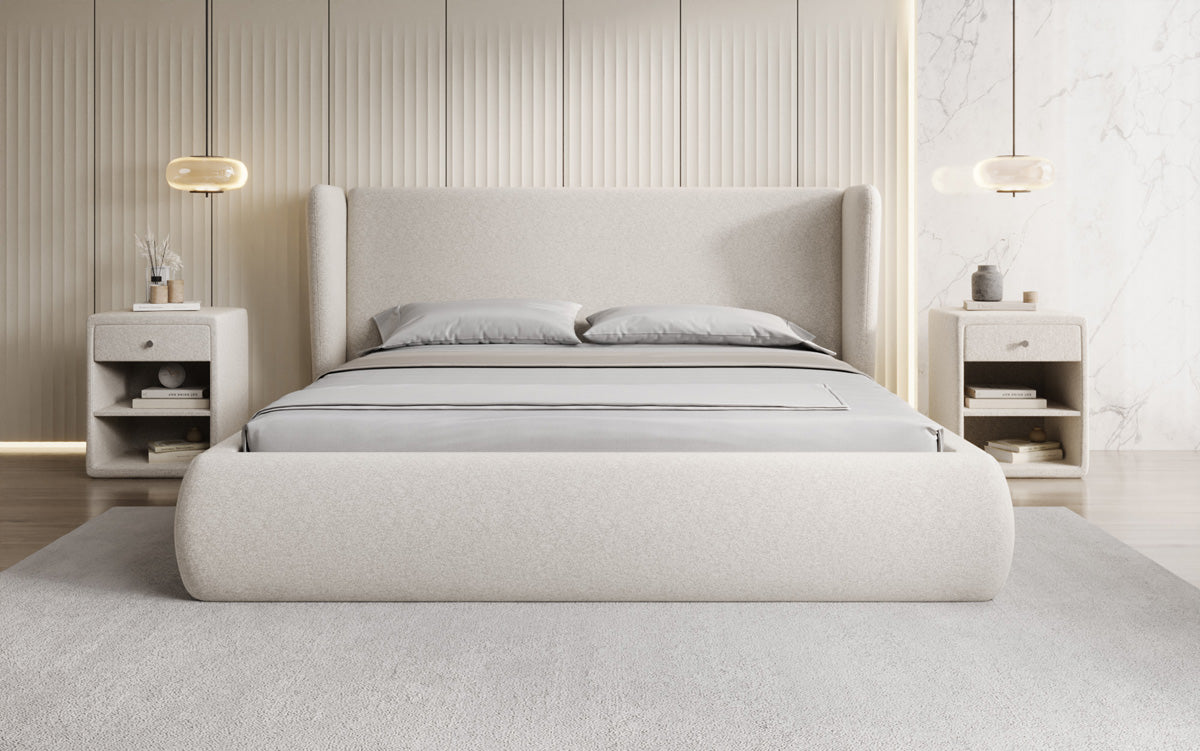 Designer gestoffeerd bed Rosalie in structuurstof met opbergruimte