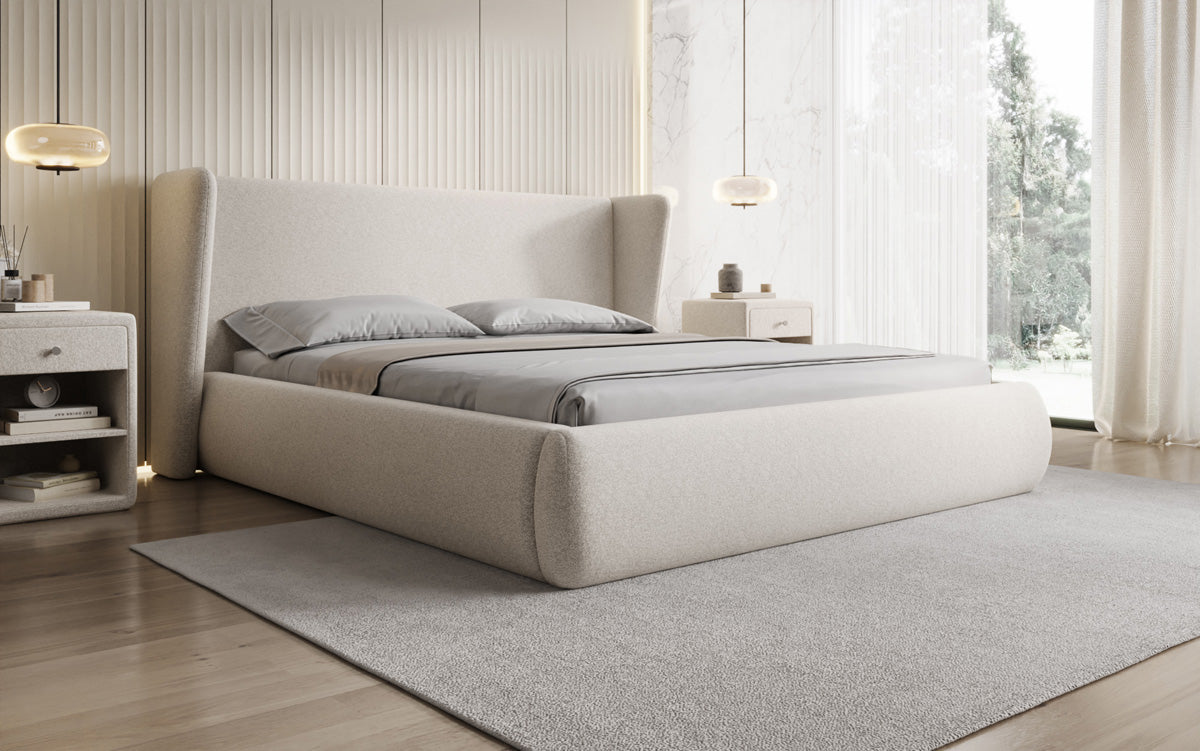 Designer gestoffeerd bed Rosalie in structuurstof met opbergruimte