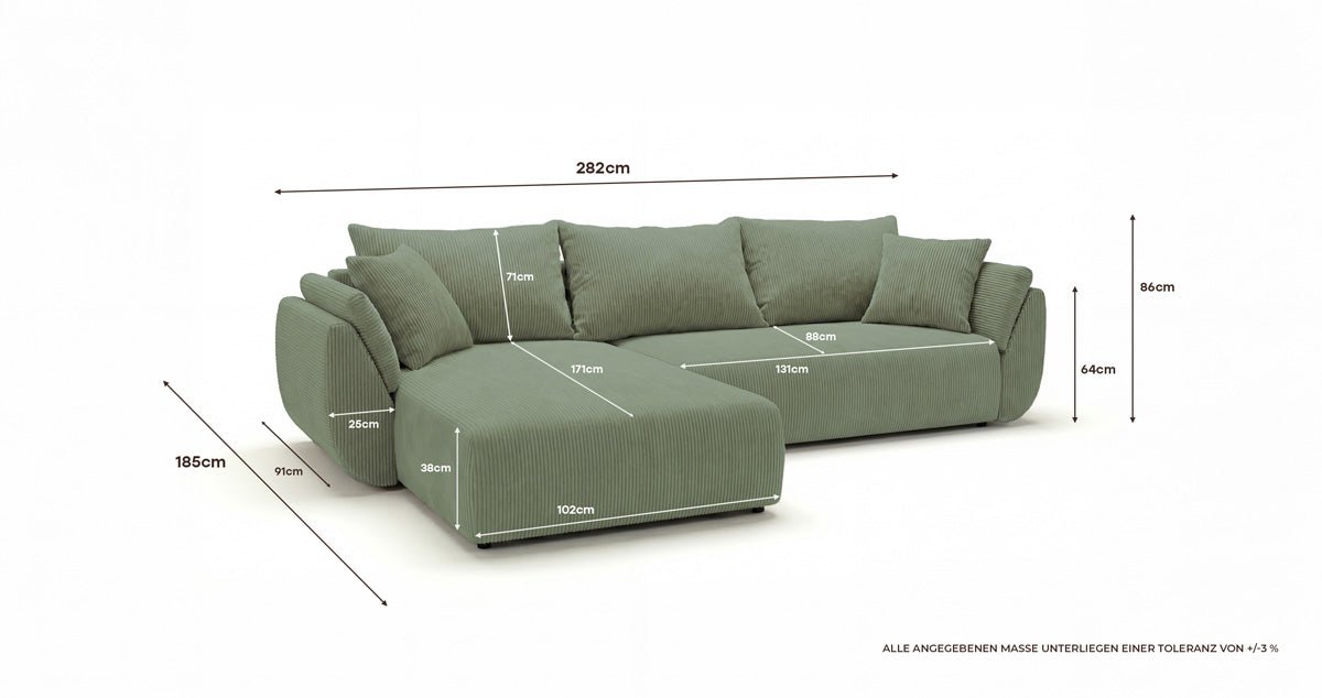 Canapé design Lenoa L avec fonction couchage et pliante en Côtelé