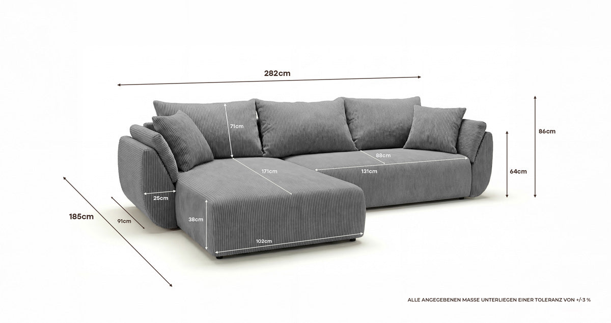 Canapé design Lenoa L avec fonction couchage et pliante en Côtelé