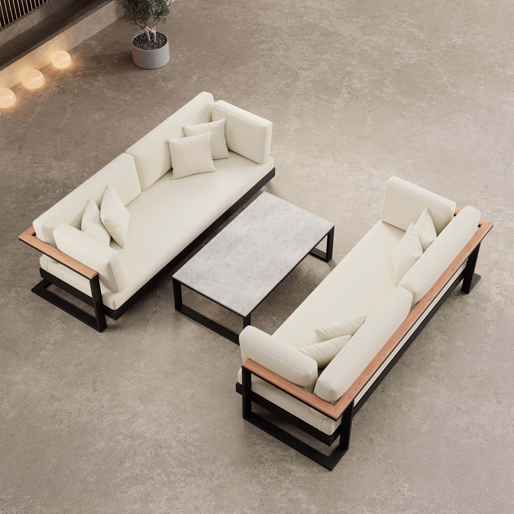 Vayla – 2 Zweisitzer & Tisch aus schwarzem Aluminium | Aevora™ Kollektion