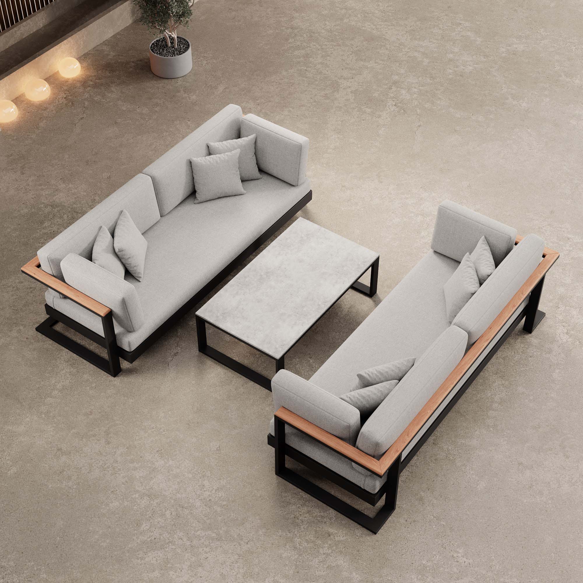 Vayla – 2 Zweisitzer & Tisch aus schwarzem Aluminium | Aevora™ Kollektion