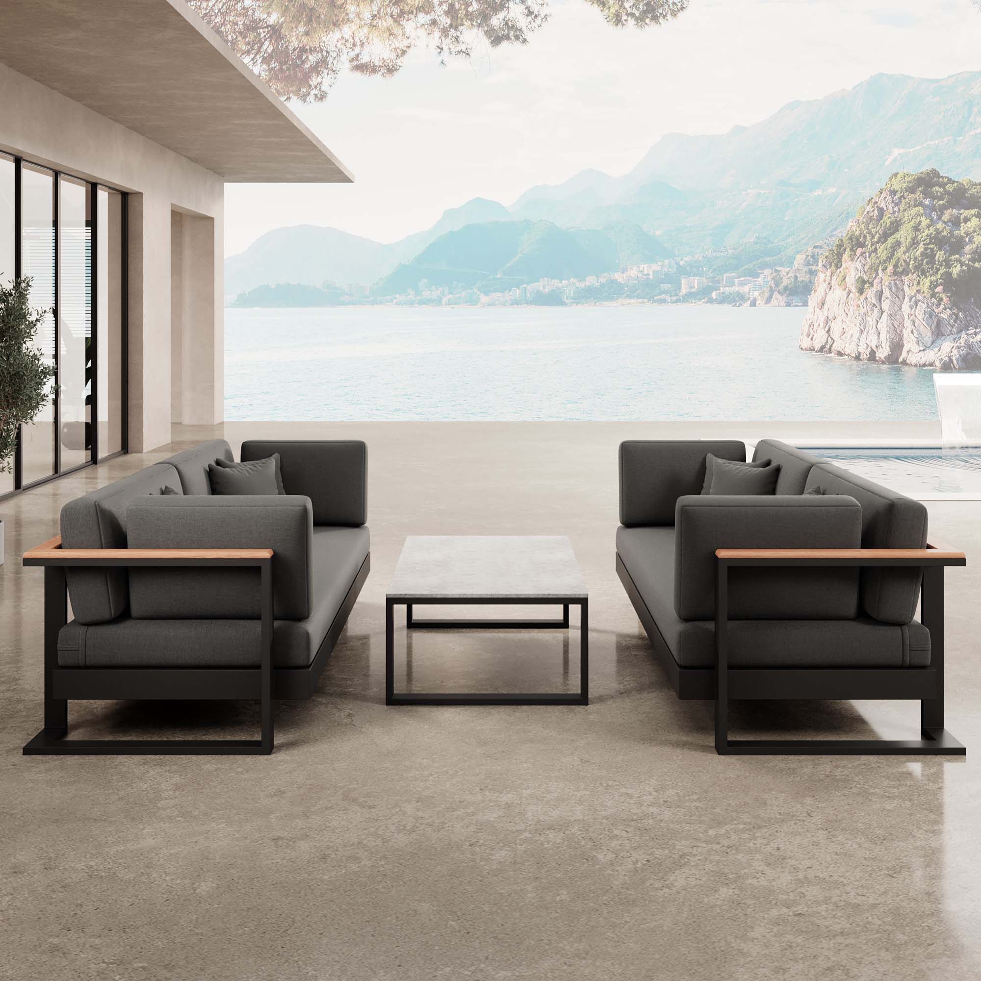 Vayla – 2 Zweisitzer & Tisch aus schwarzem Aluminium | Aevora™ Kollektion