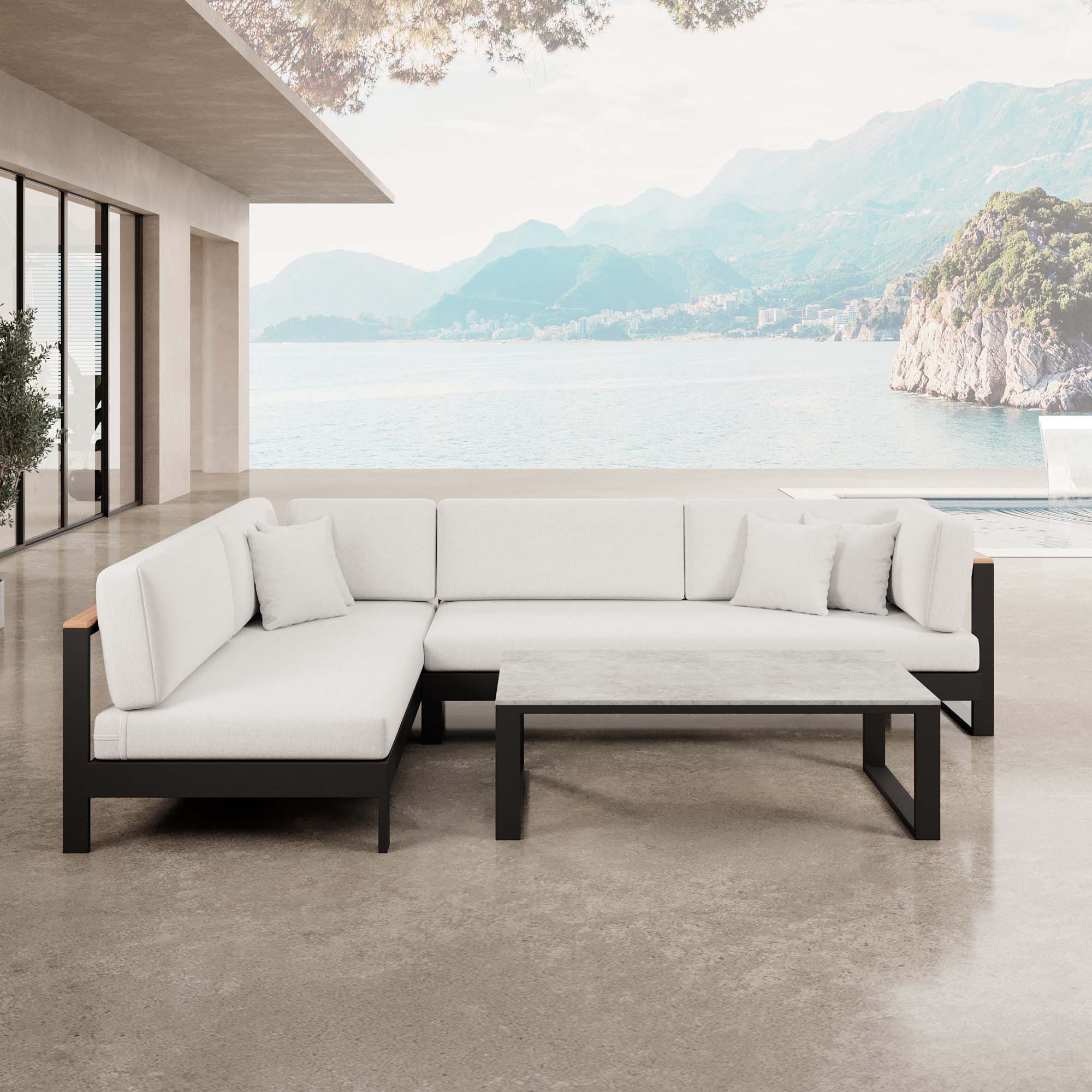 Vayla – Ecklounge, Ecksofa & Tisch aus schwarzem Aluminium | Aevora™ Kollektion