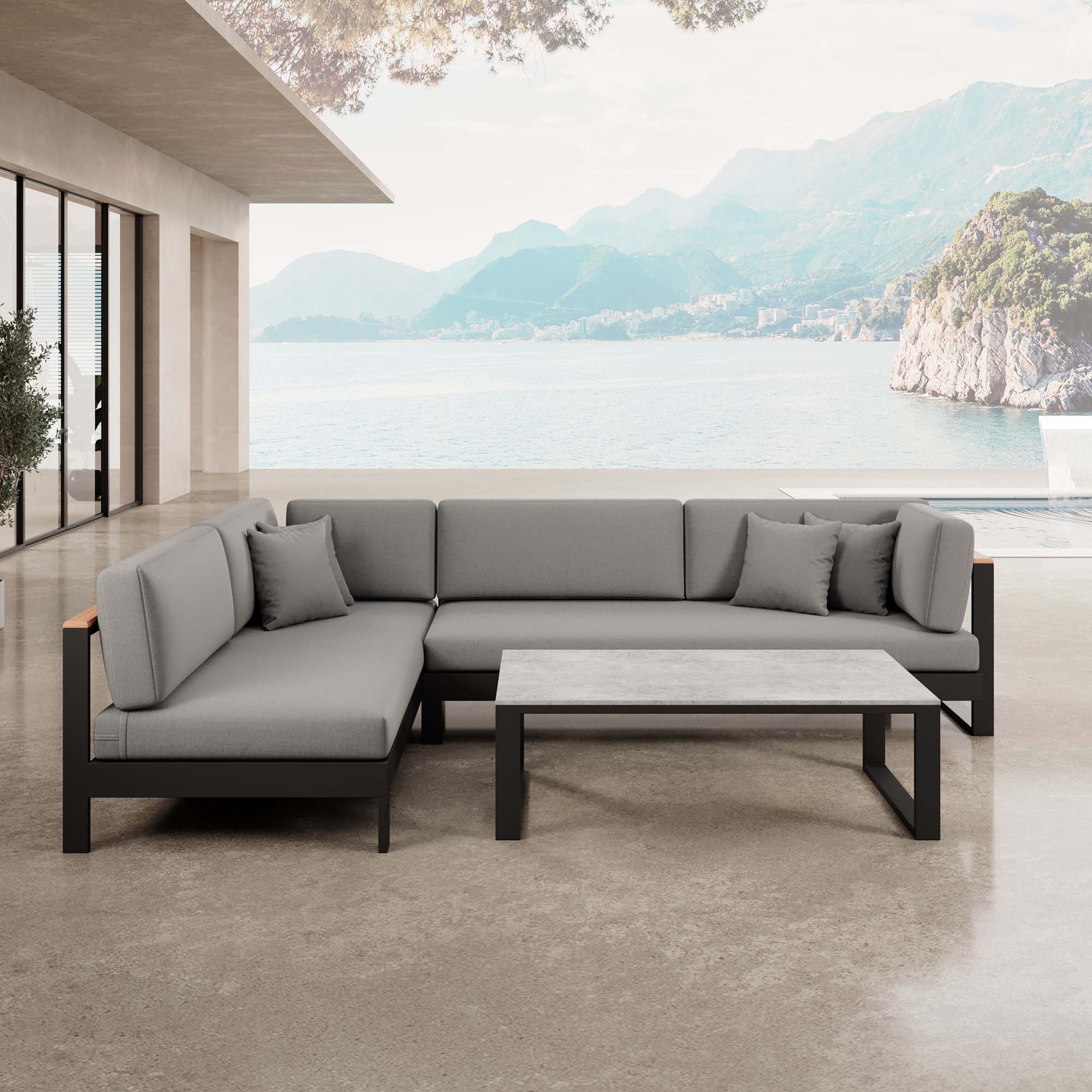 Vayla – Ecklounge, Ecksofa & Tisch aus schwarzem Aluminium | Aevora™ Kollektion