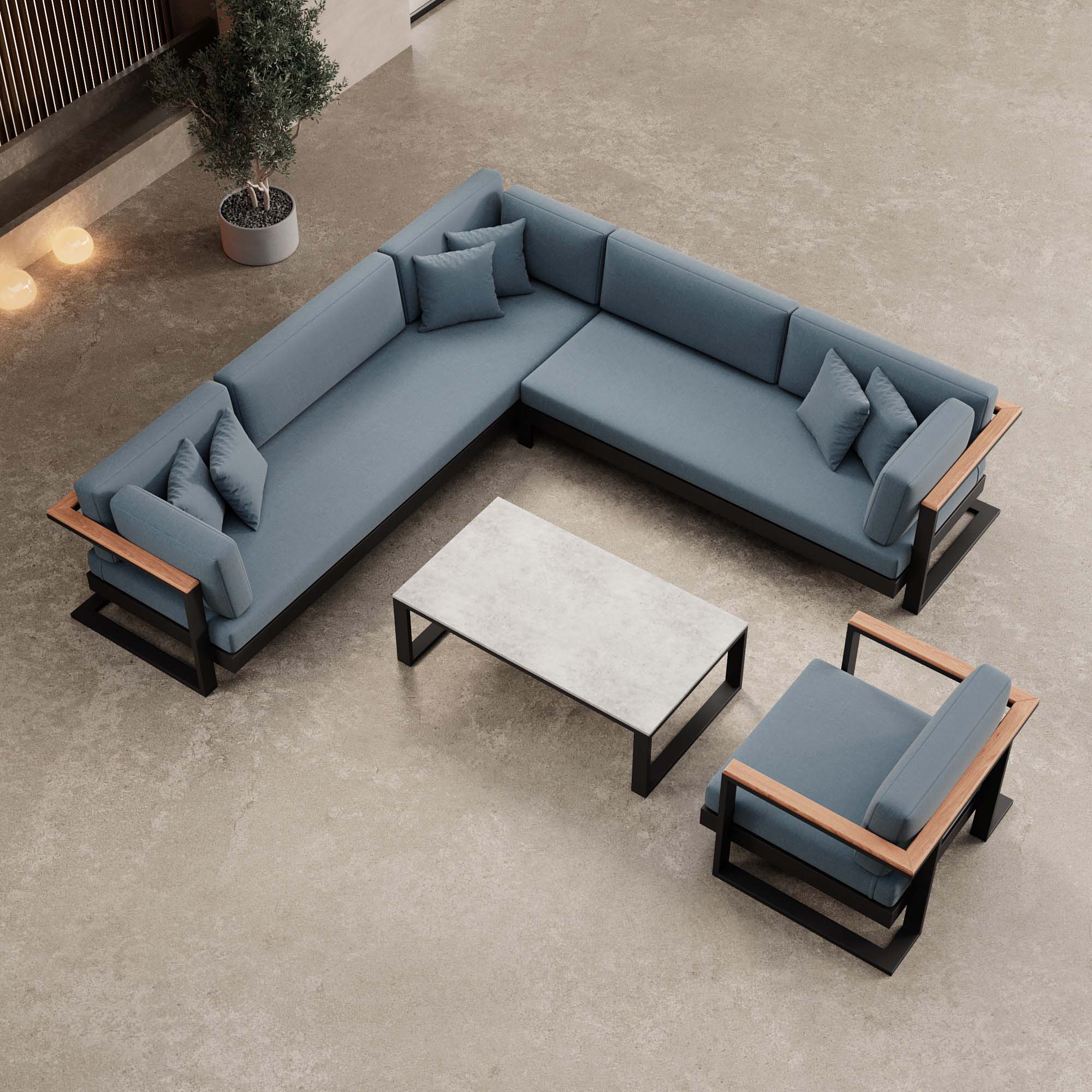 Vayla – Loungegruppe mit Ecksofa, Loungesessel & Tisch aus schwarzem Aluminium | Aevora™ Kollektion