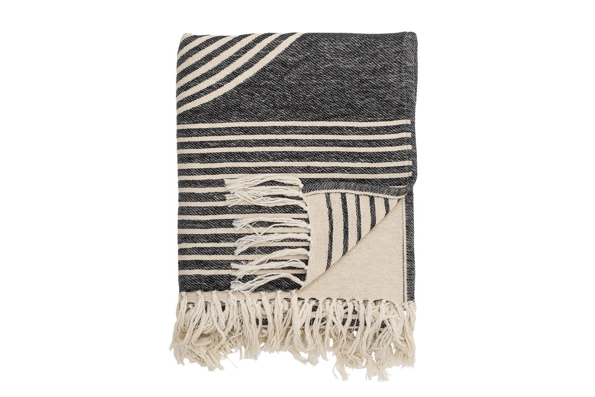 Plaid Naro – Motif tissé en Noir avec franges