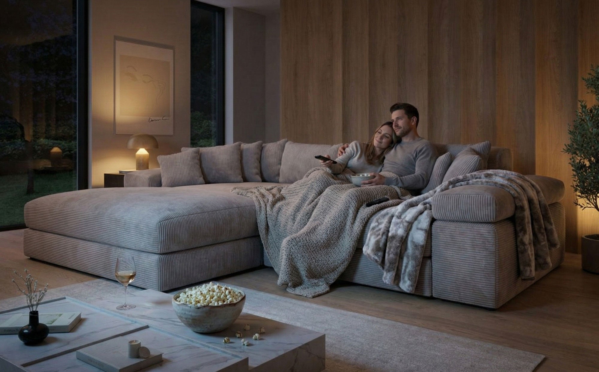Designerbank Bernardo met brede ottomaan in ribstof