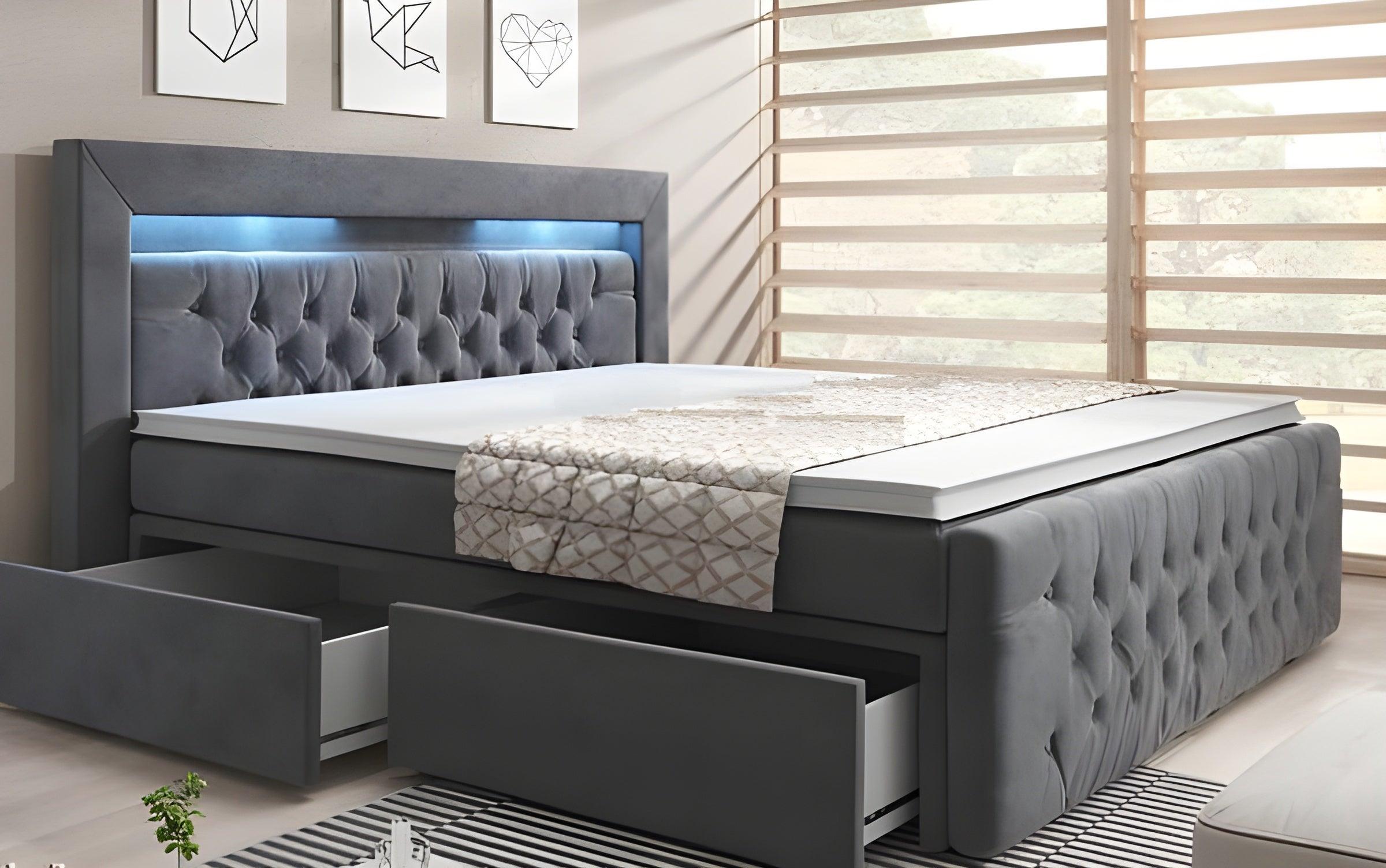 Lit boxspring Sera avec LED et espace de rangement (4 tiroirs)