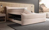 Boxspringbett Elea Leinen-Optik in Beige (Beverly 1) – Stauraum geöffnet seitlich