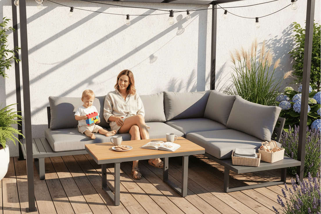 Tuin Loungeset Santorin – Aluminium Hoekbank met in hoogte verstelbare tafel