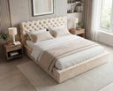 Designer Polsterbett Enzo in Samt mit Stauraum – Beige