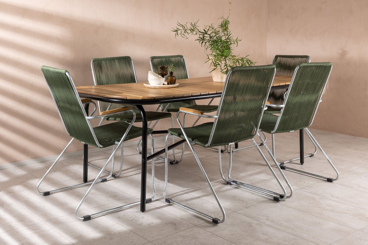 Ensemble de repas de jardin Boris – ensemble de mobilier de jardin 7 pièces avec chaises vertes