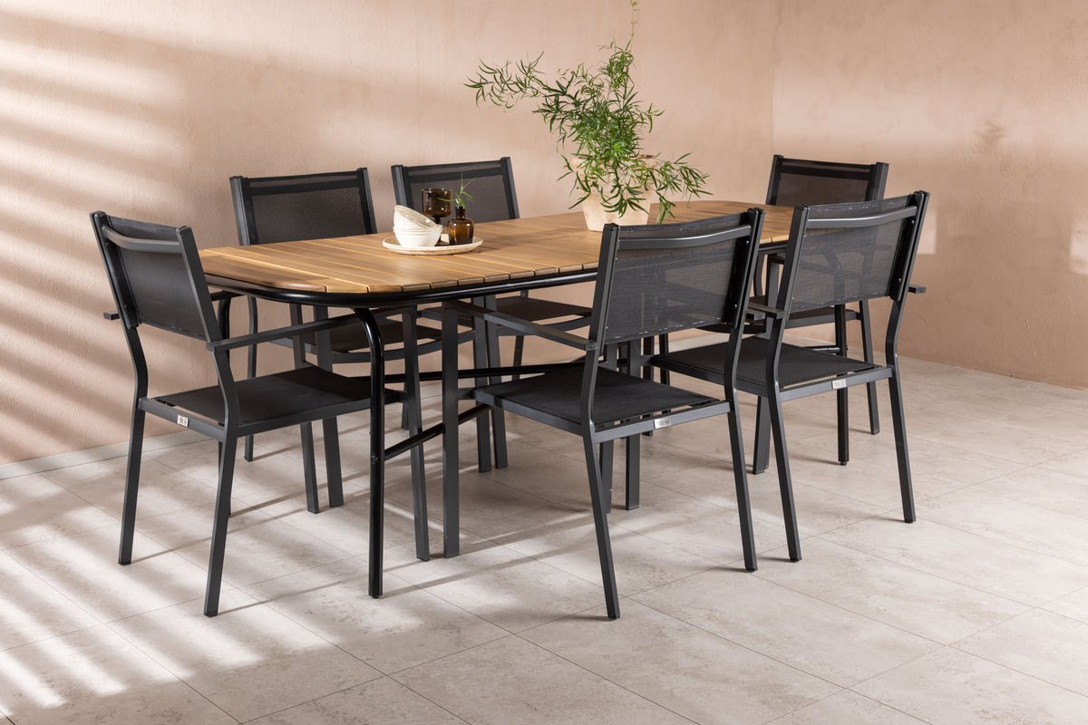 Ensemble de repas de jardin Mirabell – ensemble de mobilier de jardin 7 pièces avec table en acacia et chaises noires