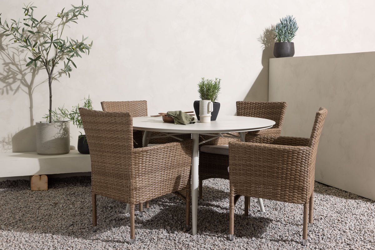 Ensemble repas de jardin Leon – ensemble de mobilier de jardin 5 pièces avec table ronde blanche
