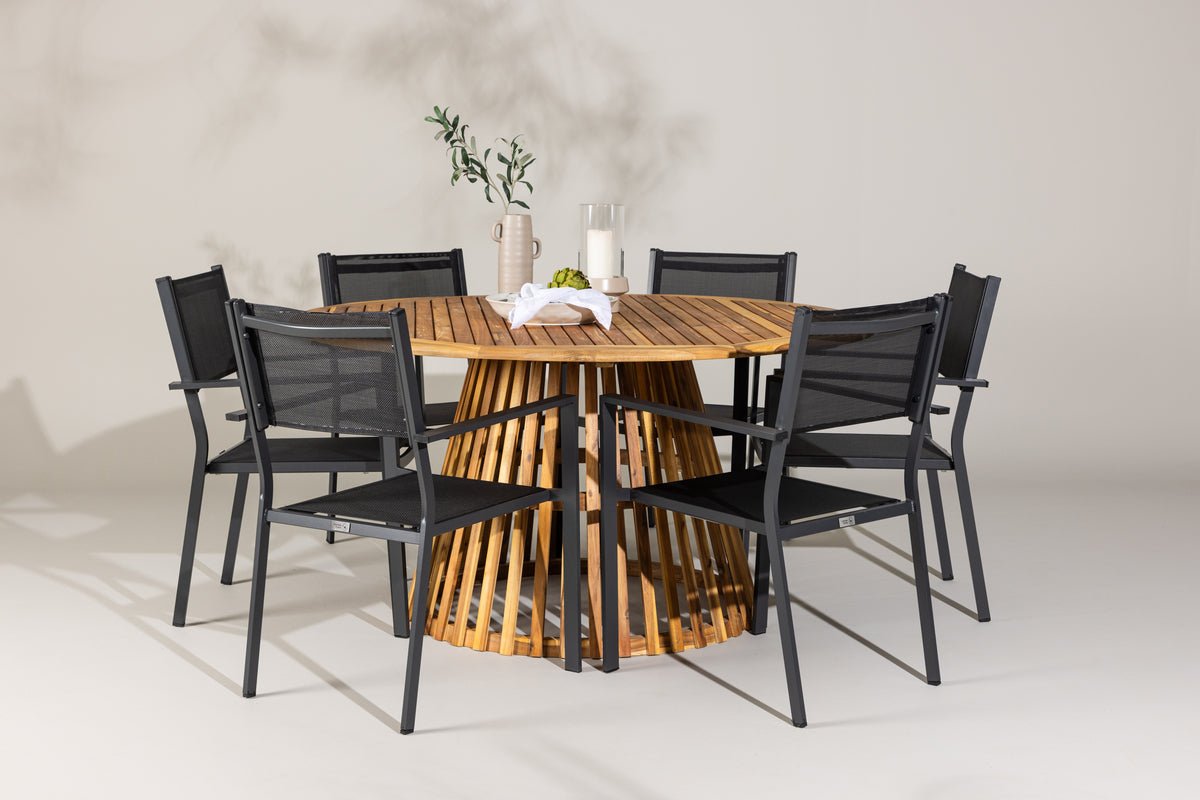 Ensemble de repas de jardin Sona – ensemble de mobilier de jardin 7 pièces avec chaises noires et table en acacia