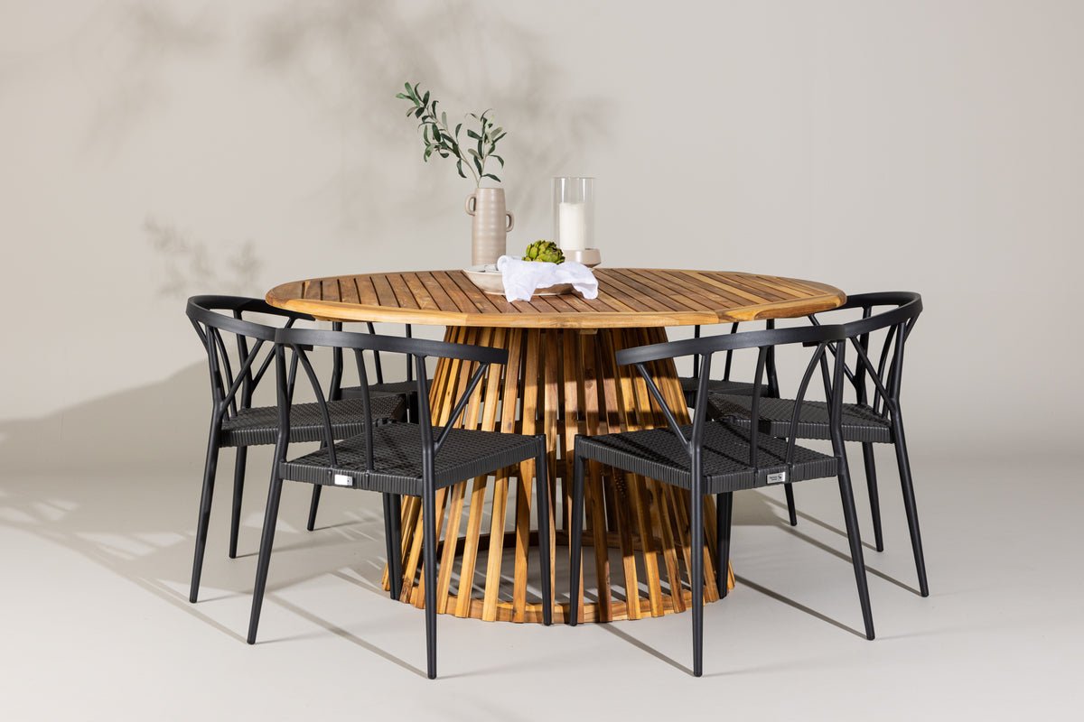 Ensemble de repas de jardin Fortuna – ensemble de mobilier de jardin 7 pièces avec chaises noires