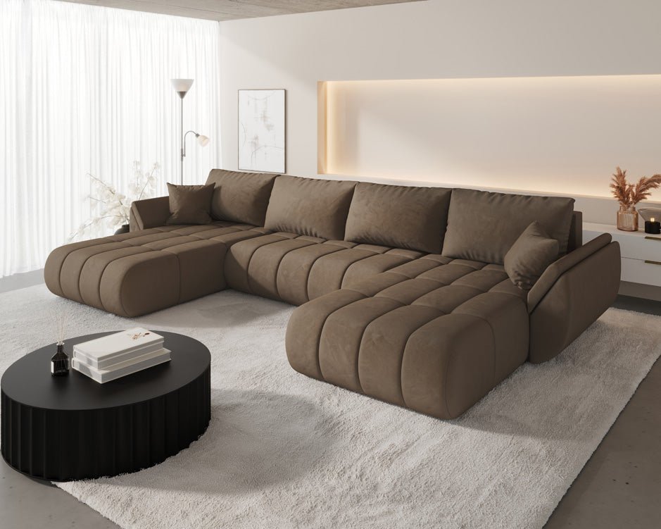 Canapé design Lenoa U avec fonction lit et rabattable en velours