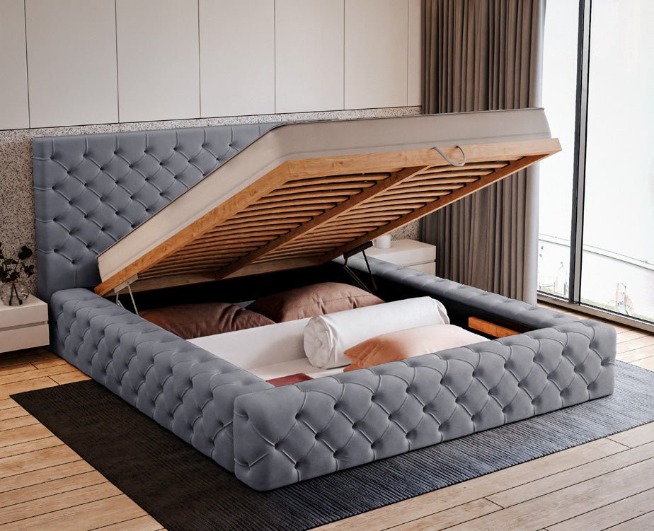 Designer gestoffeerd bed Lana Fluweel met opbergruimte