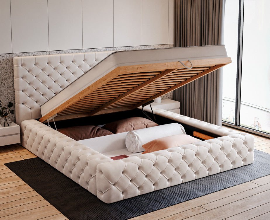 Designer gestoffeerd bed Lana Fluweel met opbergruimte