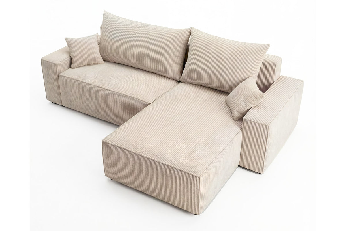 Designer Ecksofa Rino in Cord mit Schlaffunktion & Stauraum – Beige – Links