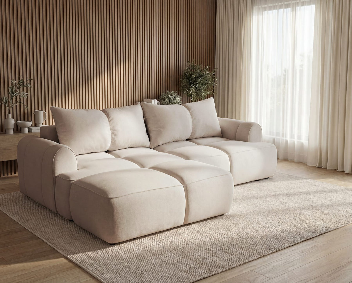 Designer Ecksofa Corso in Samt mit Schlaffunktion & Stauraum – Beige – Links