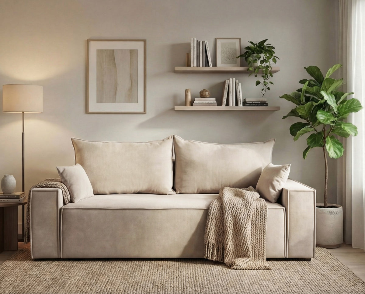 Designer 3 Sitzer Sofa Rego in Samt mit Schlaffunktion & Stauraum – Beige