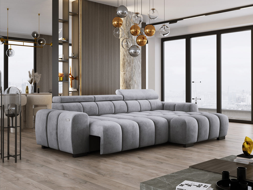 Designer Sofa Amalfi in Samt mit elektrischer Sitzerweiterung