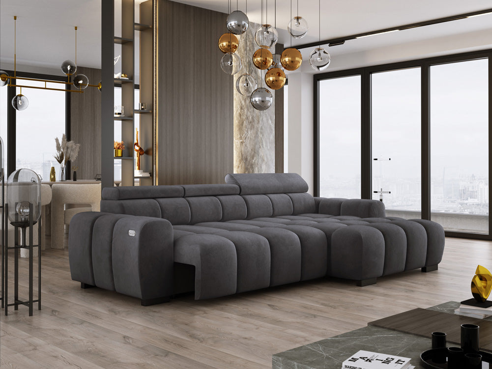 Designer Sofa Amalfi in Samt mit elektrischer Sitzerweiterung