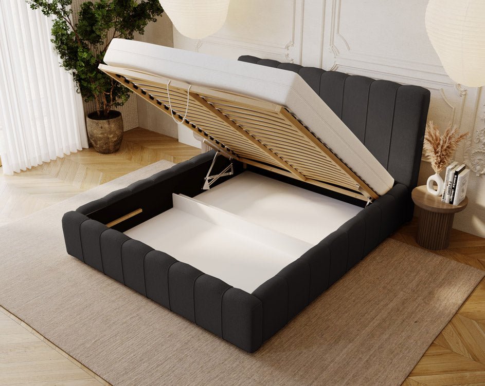 Designer gestoffeerd bed Alvano in fluweel met opbergruimte