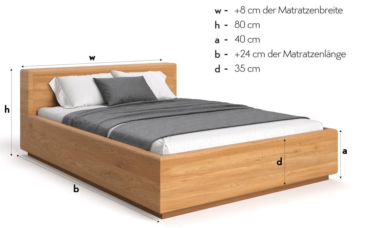Designer Holzbett Calveno aus massiver Eiche mit Stauraum und geraden Headboard