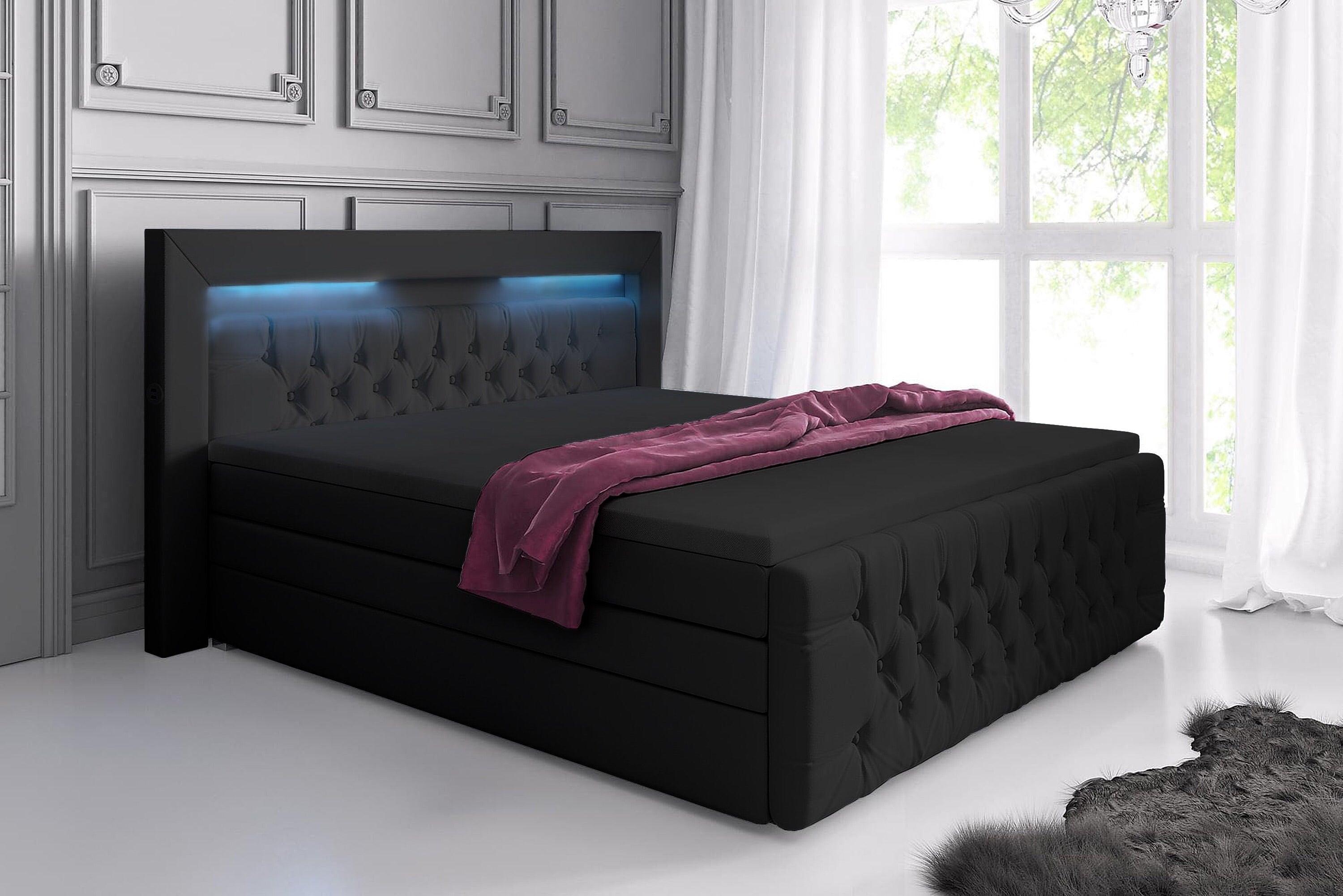Lit boxspring Sonno avec RGB, USB et espace de rangement