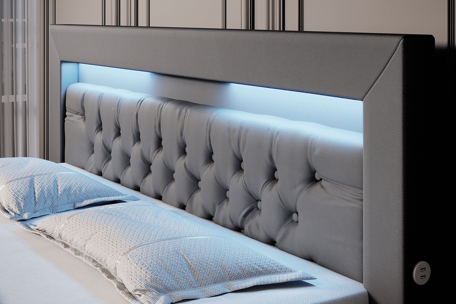 Lit boxspring Sonno avec RGB, USB et espace de rangement