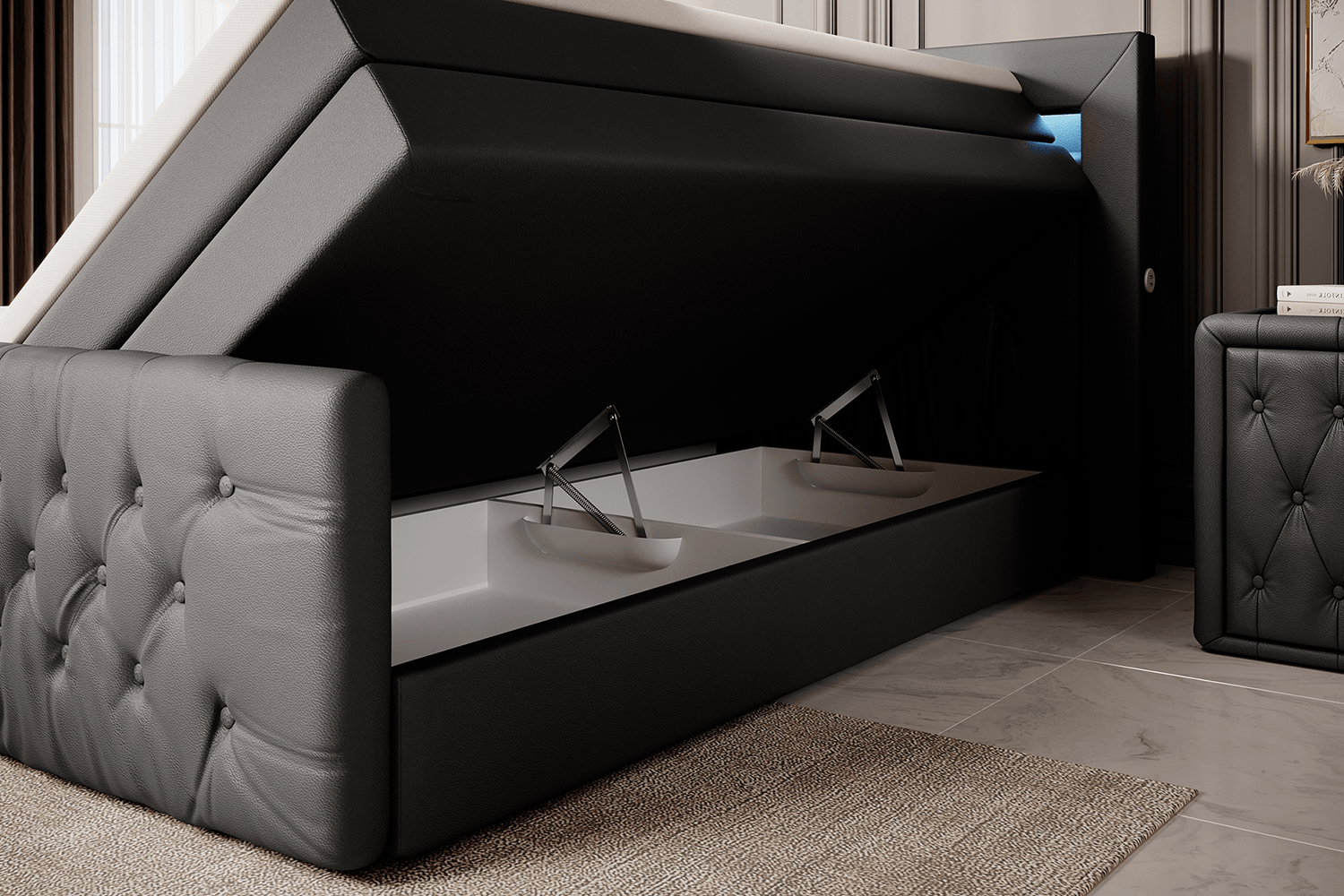 Lit boxspring Sonno avec RGB, USB et espace de rangement