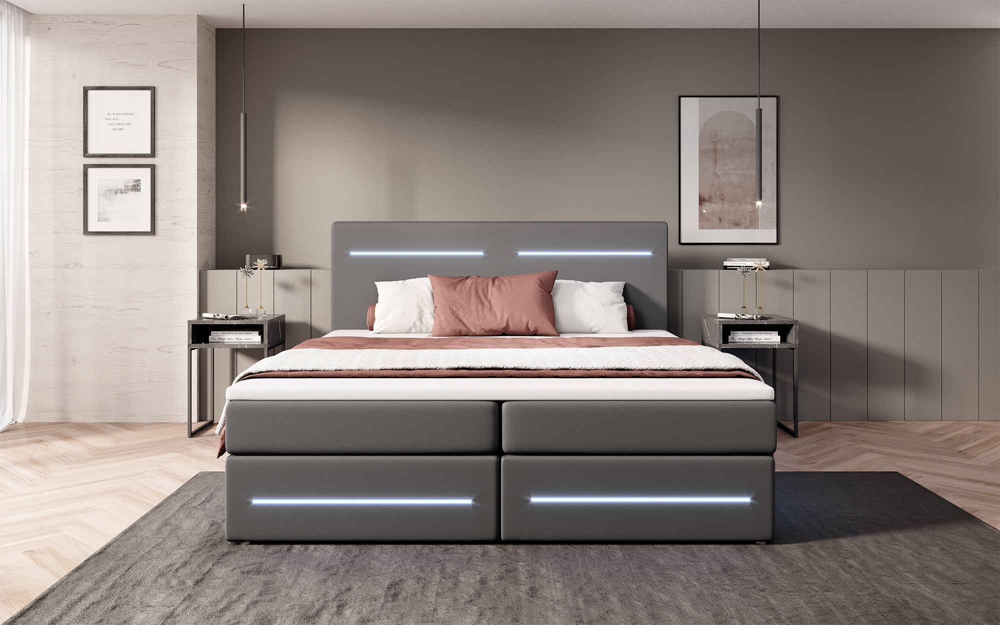 Boxspringbed Evelyn met opbergruimte en LED (kunstleer)