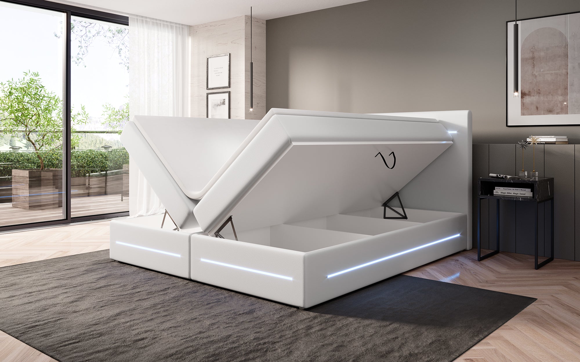 Boxspringbed Evelyn met opbergruimte en LED (kunstleer)